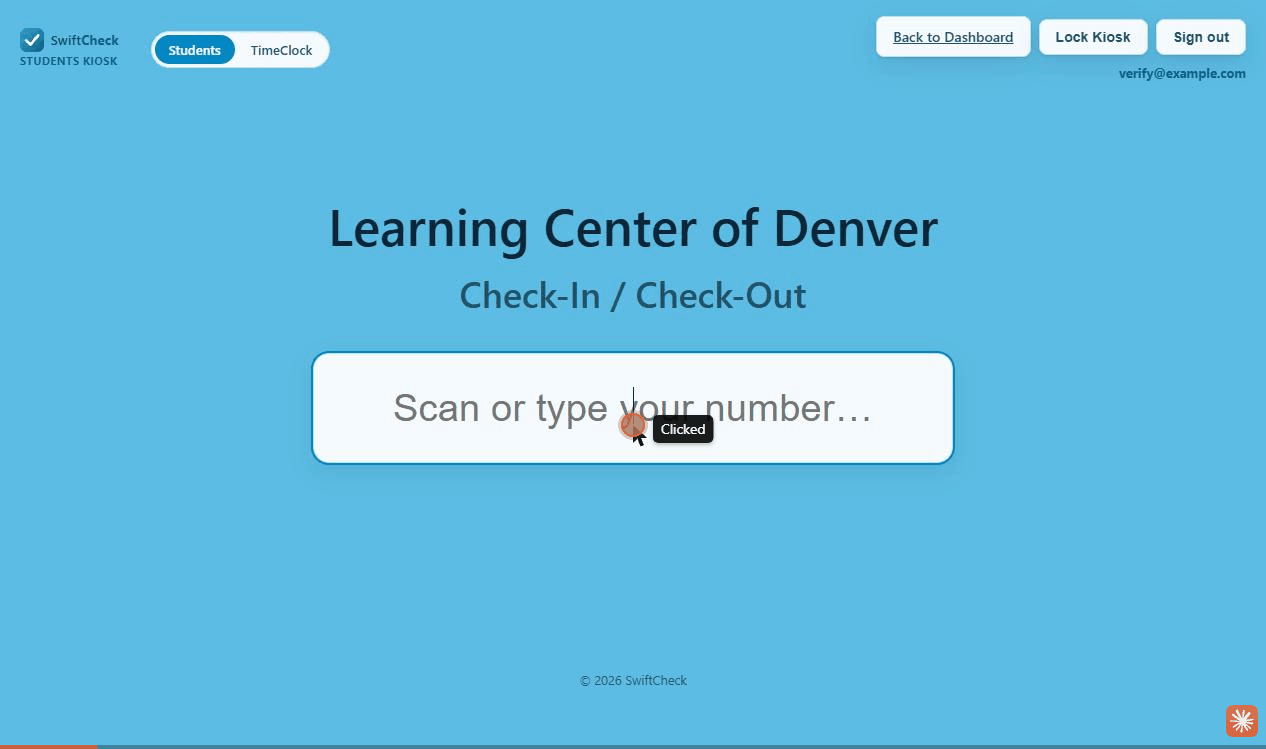 Demo of typing a name at the kiosk and getting no results, then typing a student number and checking that student in, with number-only search turned on