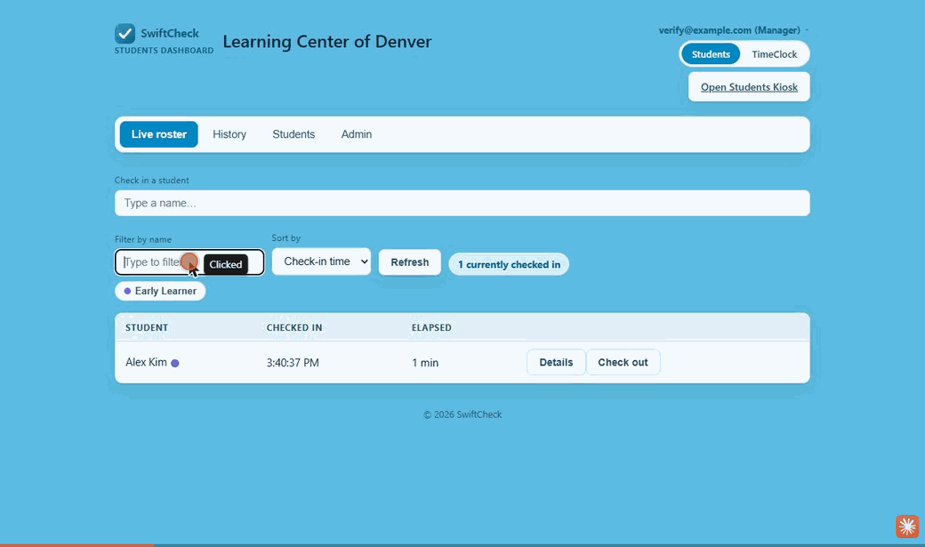 Demo of filtering the Live Roster by name, then checking a student out with one click