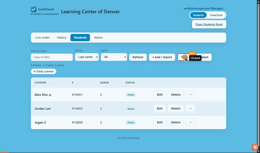 Demo of creating a new tag, assigning it to a student by editing them, then filtering the roster down to just that tag